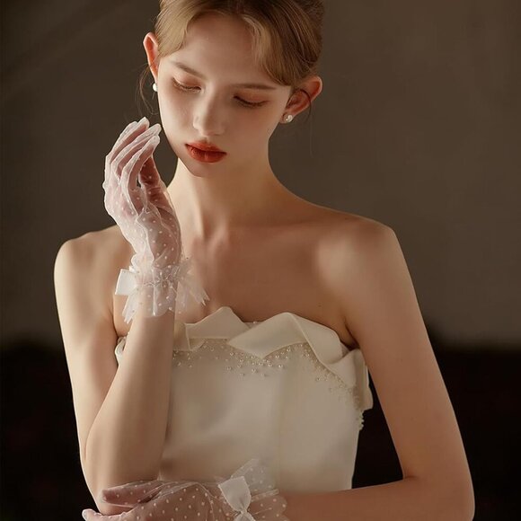 Polka Dot Lace Gloves with Bow Tulle Short Elegant Wedding Bridal Prom - Picture 3 of 7